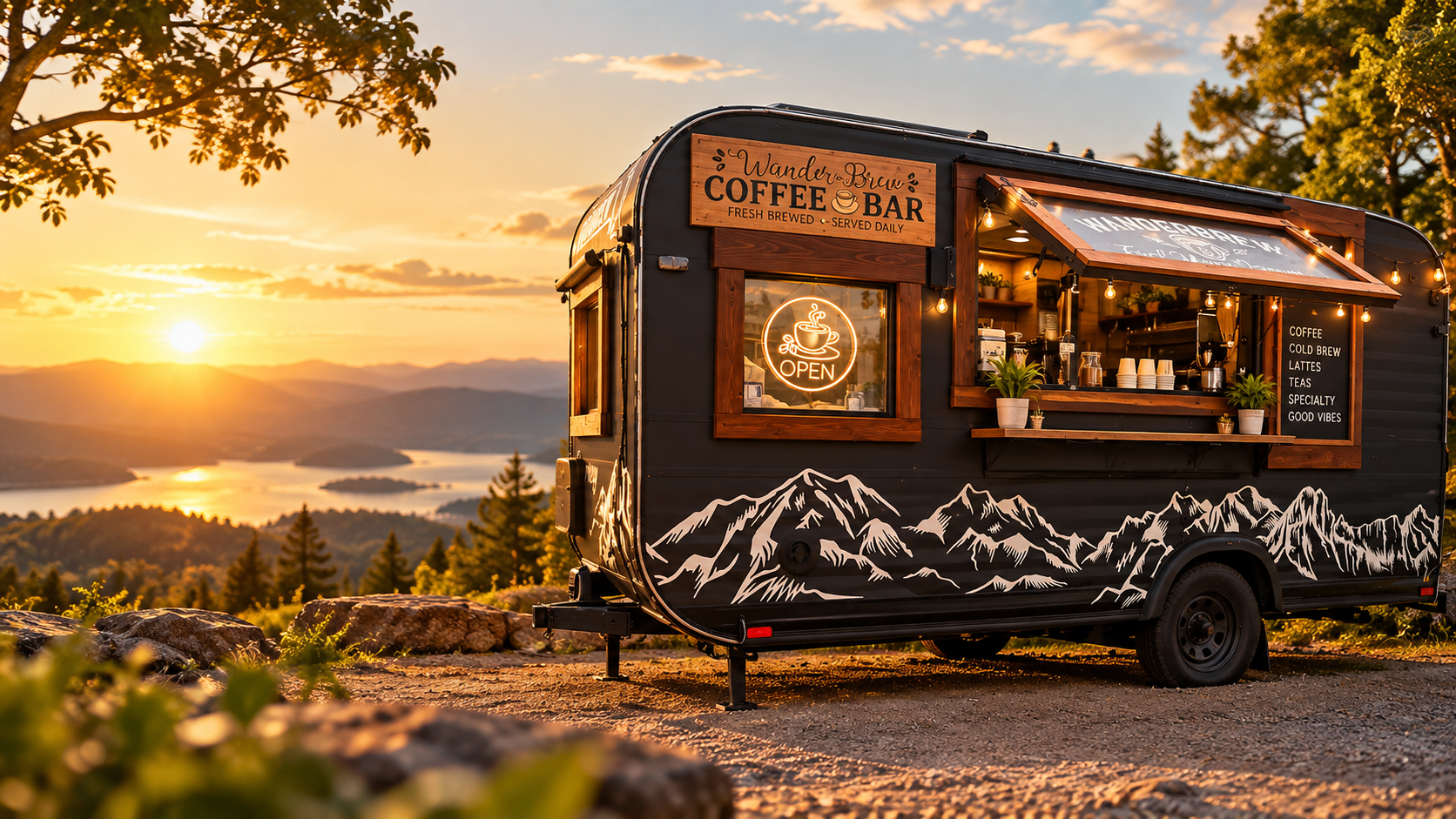 The WanderBrew coffee bar trailer at golden hour overlooking mountains and a lake